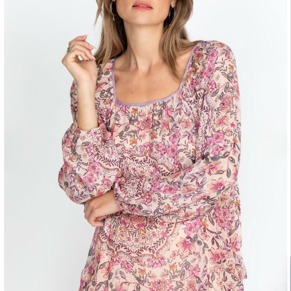 Johnny Was Katerina Peasant Blouse, Pink Floral, Rayon / Silk. Medium